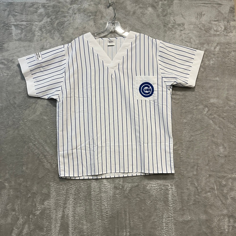 Chicago Cubs Scrub Top Mens Small White Blue Pinstripe V-Neck Advocate Patch BDA